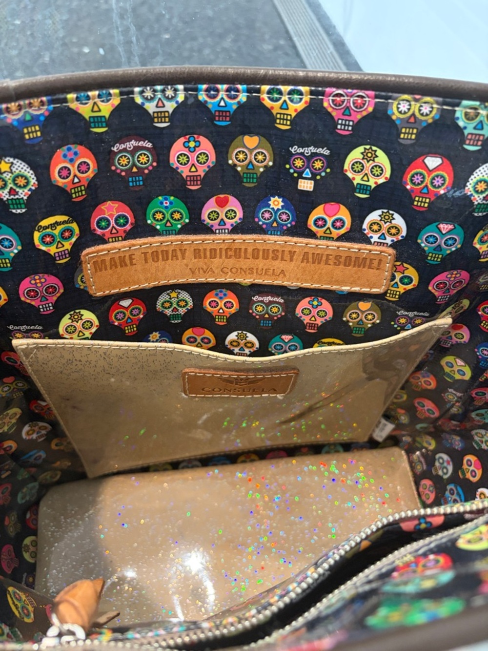 Consuela Multicolor Sugar Skull Tote with Gold Glitter Pocket